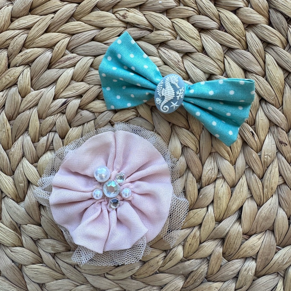 Turquoise Polka Dot Bow & Pink Flower Hair Clip Set for Kids